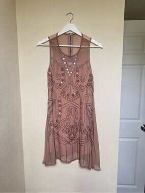 Altar'd State Blush Beaded Sheer Mini Dress